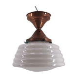 Ceiling lamp with opaline and art deco red copper mount