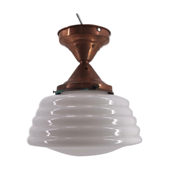 Ceiling lamp with opaline and art deco red copper mount
