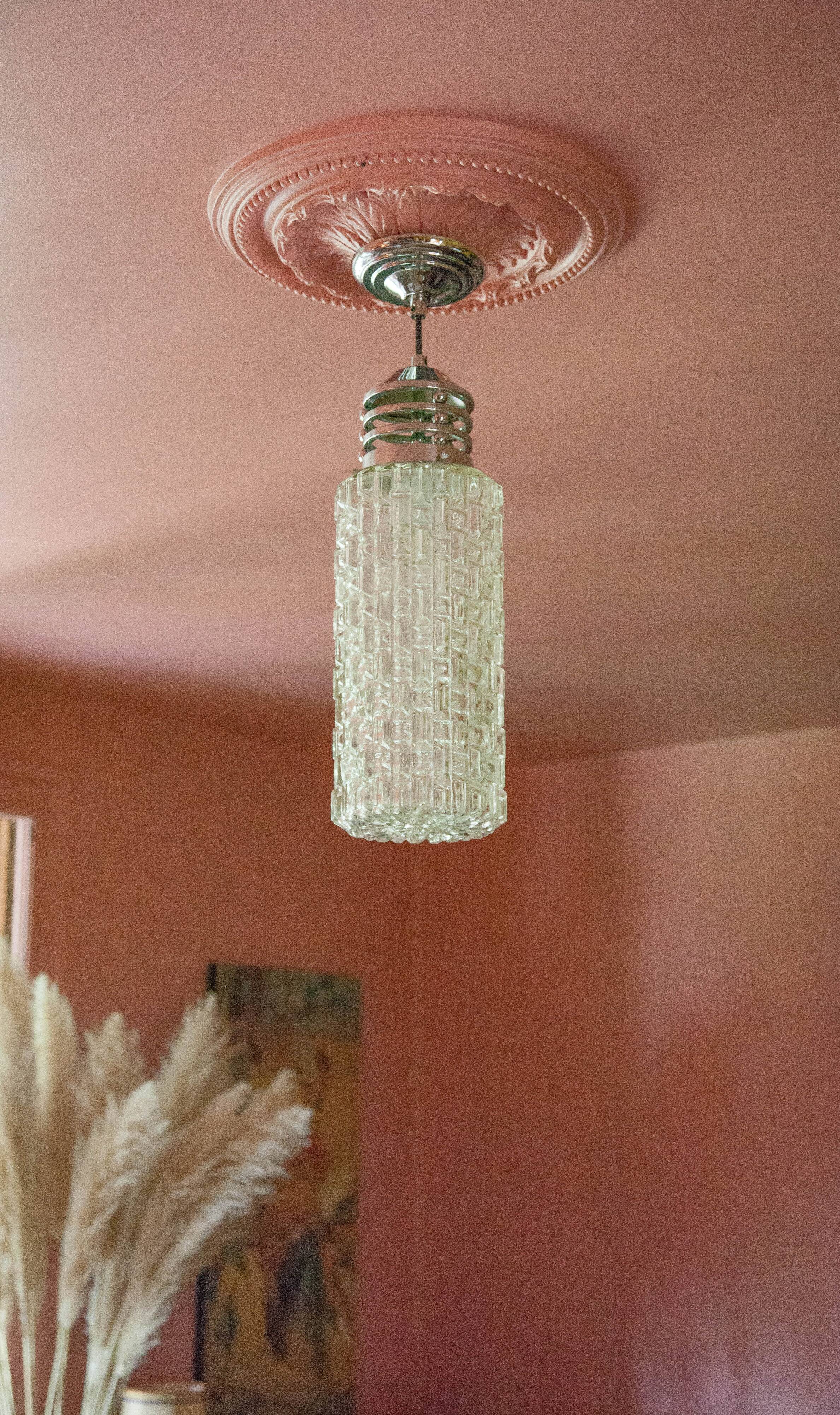 Vintage pendant lamp, Cylindrical glass suspension and chromed metal, ceiling lamp