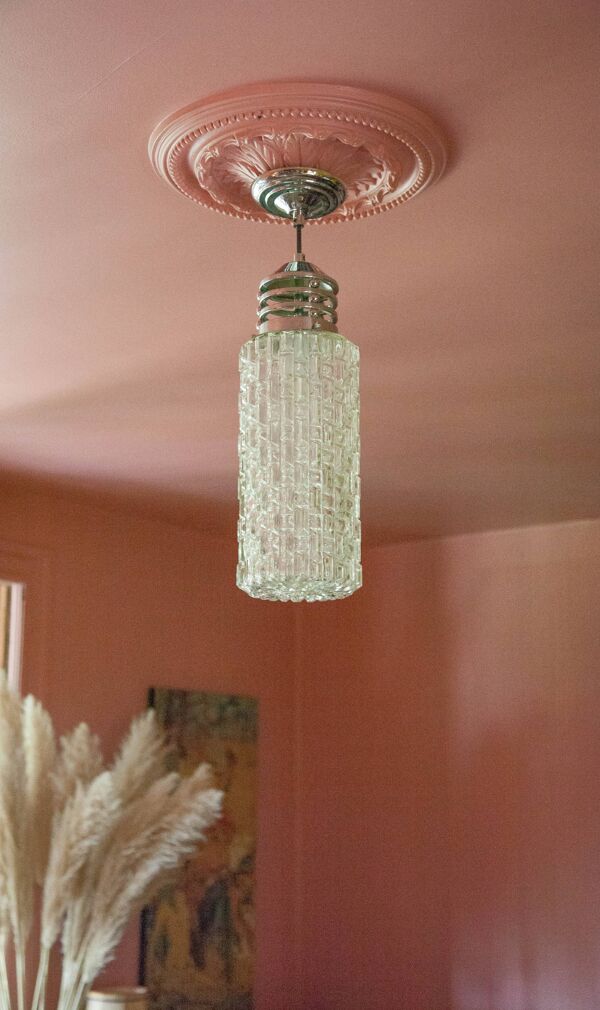 Suspension vintage, Suspension verre cylindrique et métal chromé, lampe de plafond