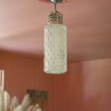 Vintage pendant lamp, Cylindrical glass suspension and chromed metal, ceiling lamp