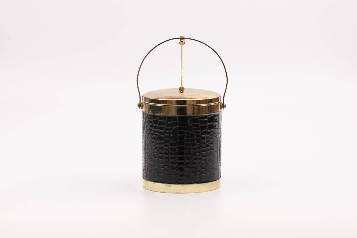 Vintage 1970s ice bucket - Black crocodile effect faux leather