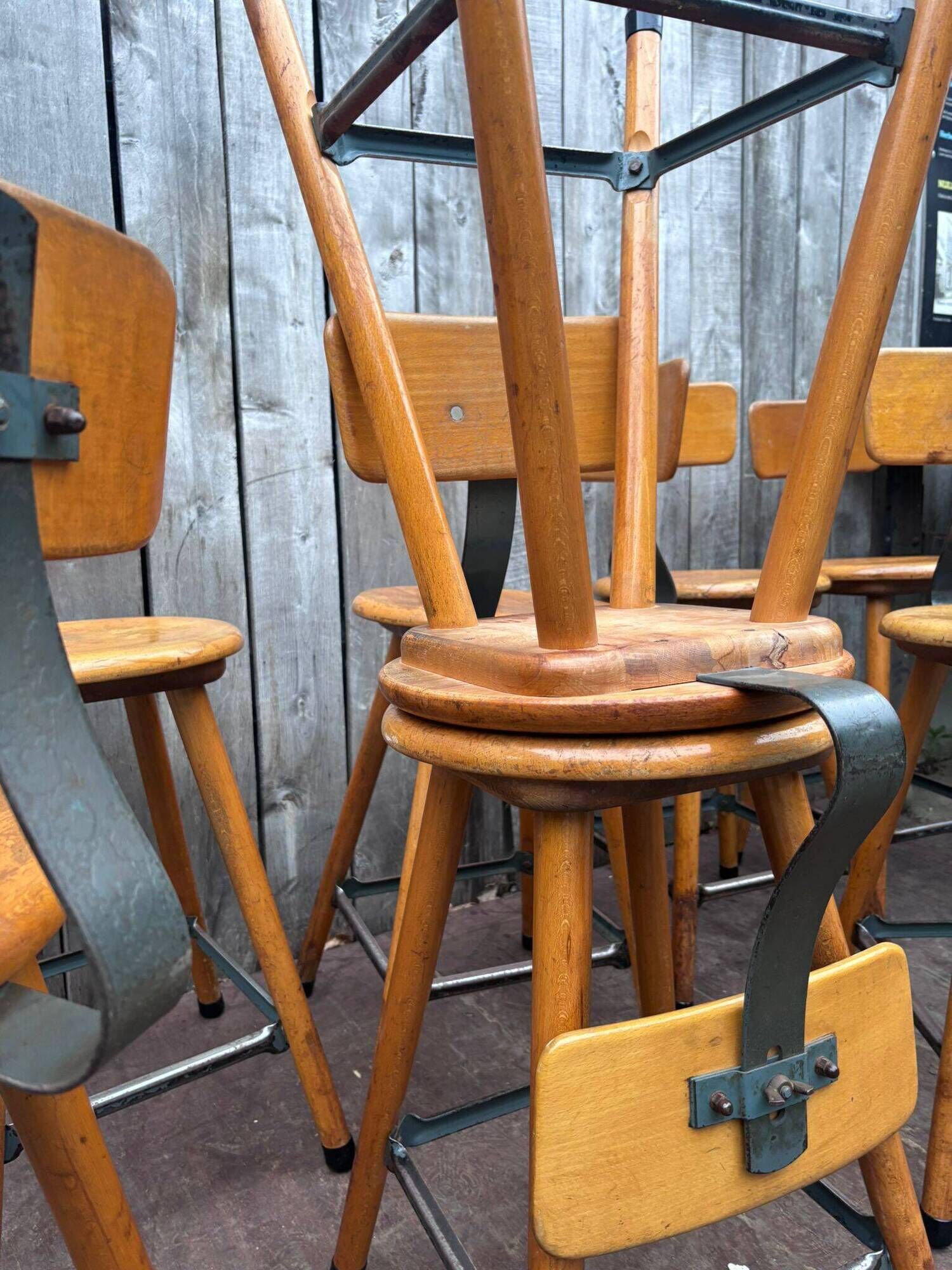 Vintage industrial workshop stool in wood, 1950s