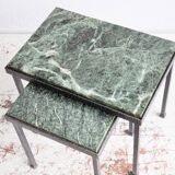 Green nesting coffee table with marble top and iron frame