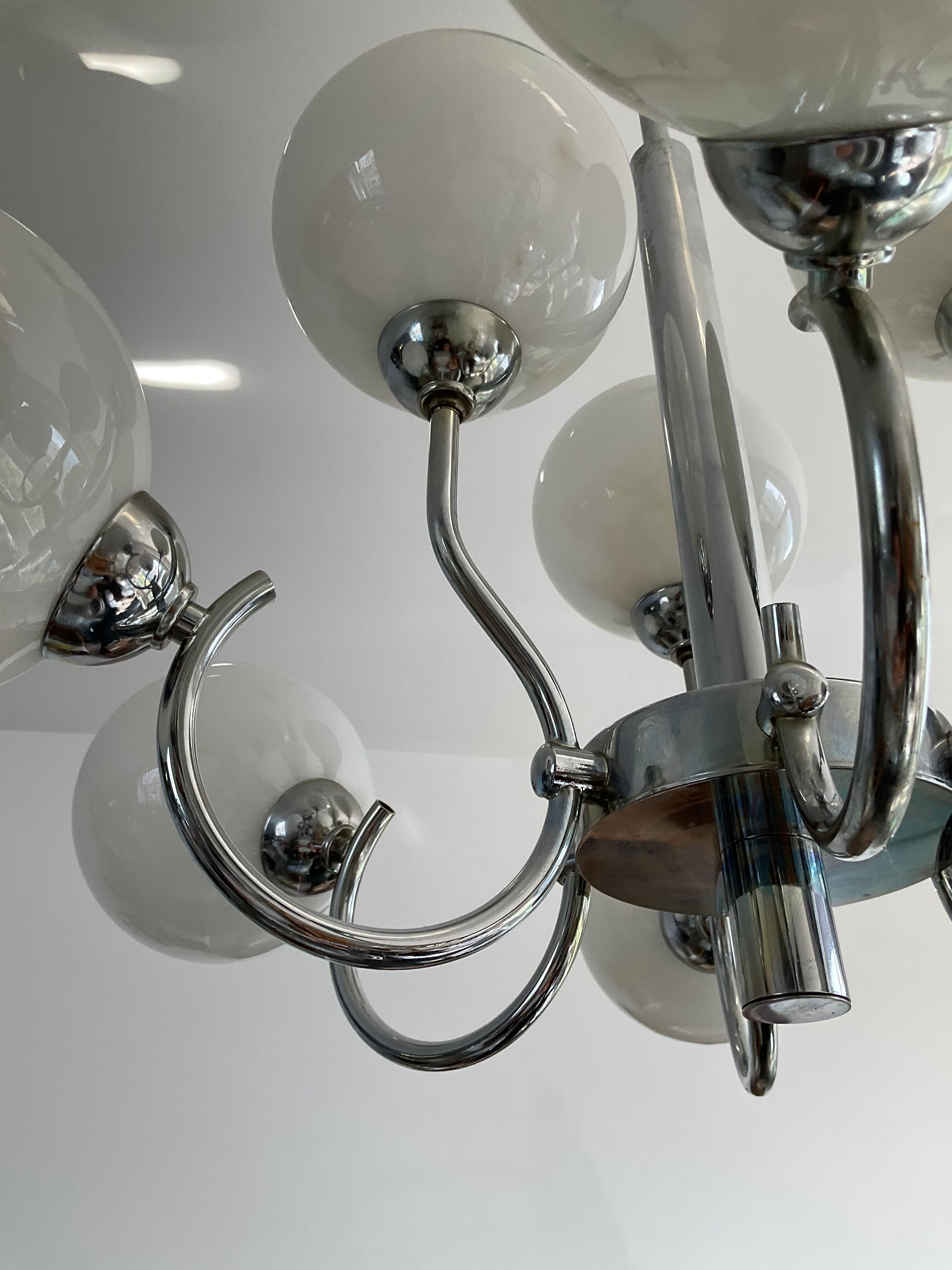 Space age chandelier in opaline and chrome metal