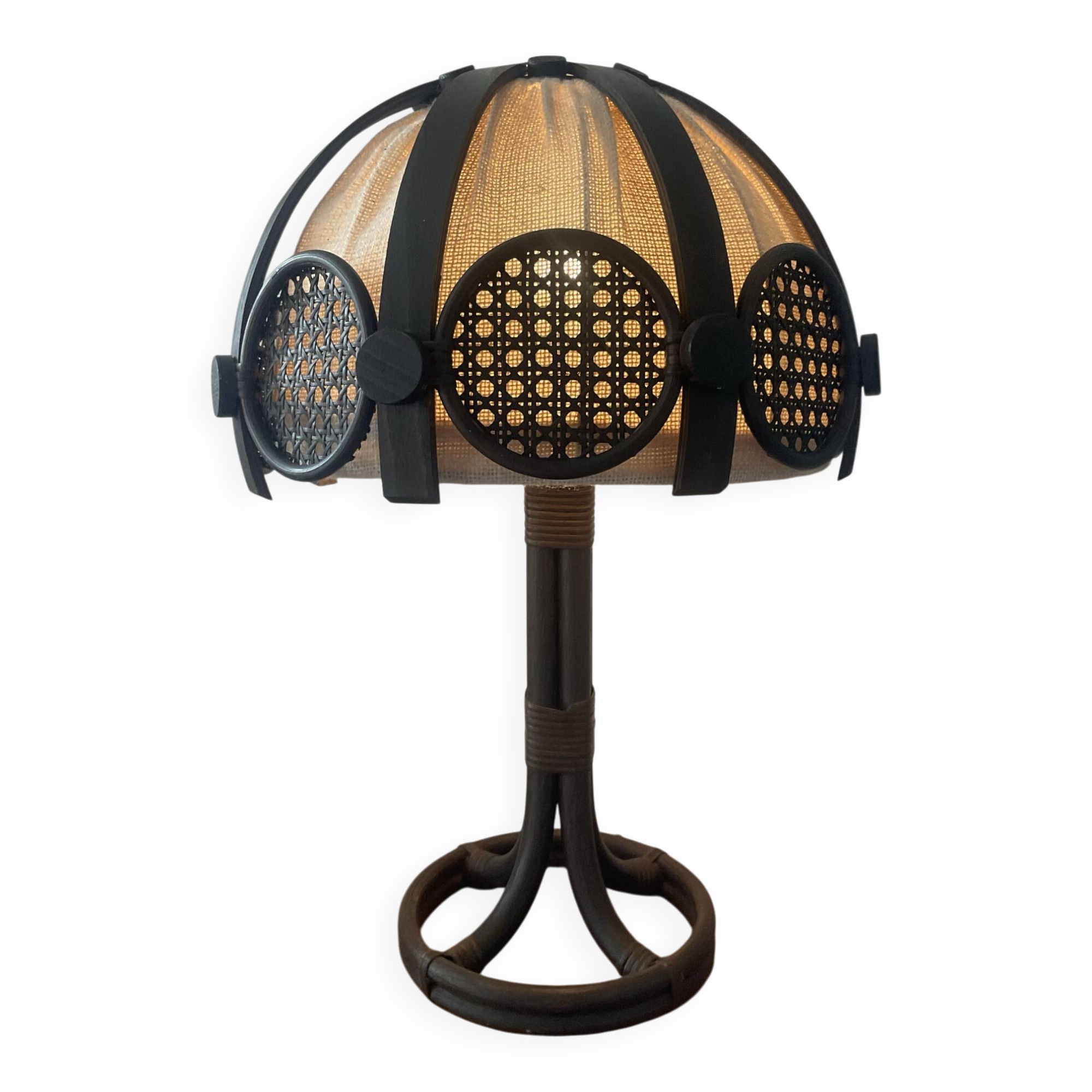 Vintage lamp in rattan, caning and jute fabric from the 1970s.