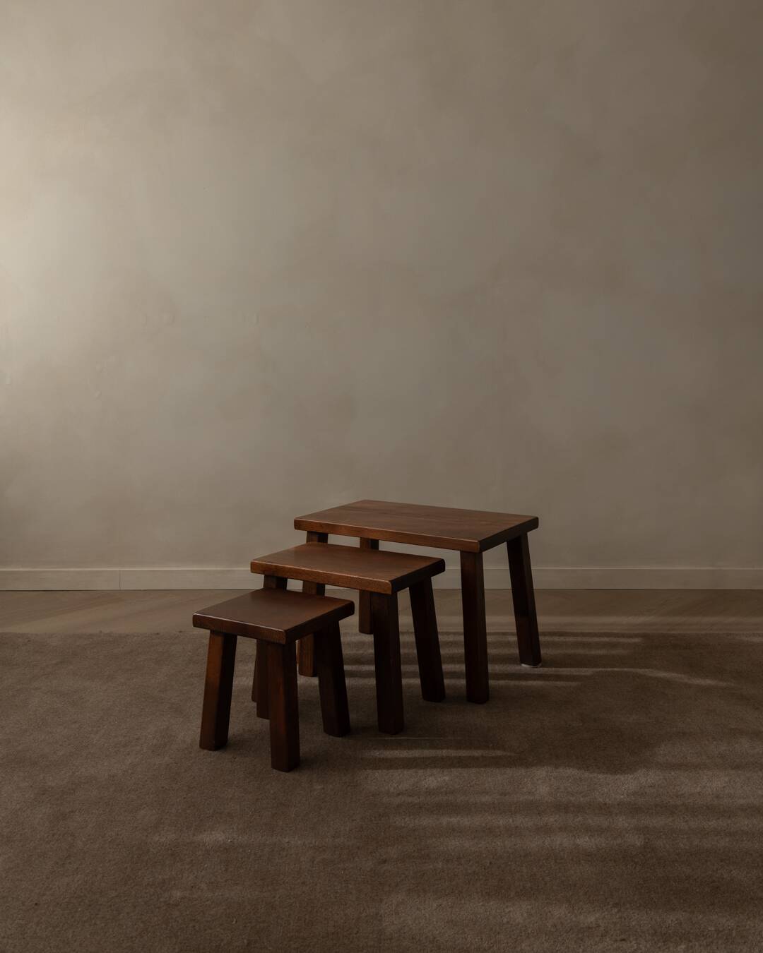 Vintage Brutalist Solid Oak Nesting Tables (Set of 3) – Dutch, 1970s