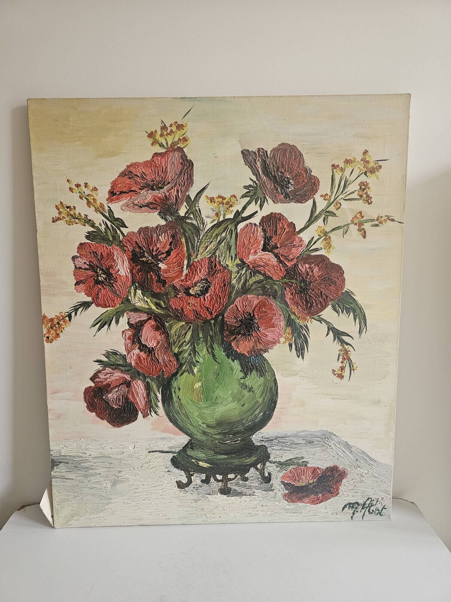 Oil on Canvas Knife Painting Still Life Flowers Poppies Signed M