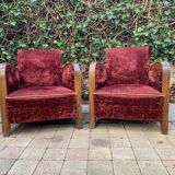 Pair of Art Deco club armchairs in burgundy red velvet, 1930s