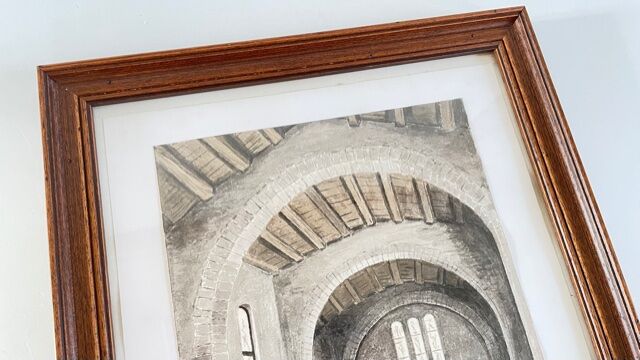 Tableau ancien aquarelle intérieur chapelle sur papier