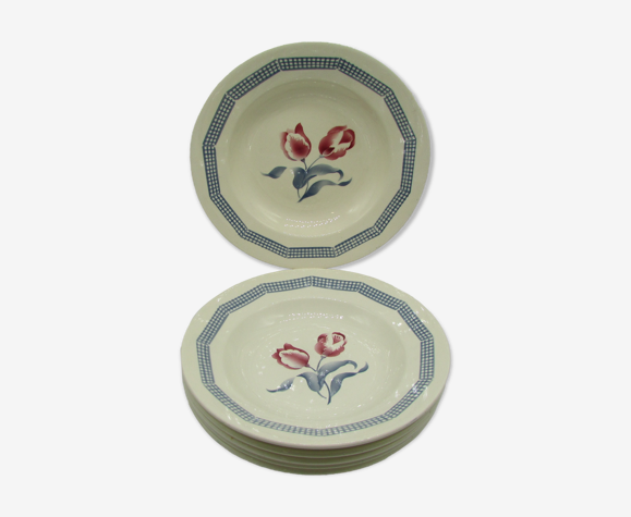 6 assiettes creuses vintage Digoin modèle tulipes french plates
