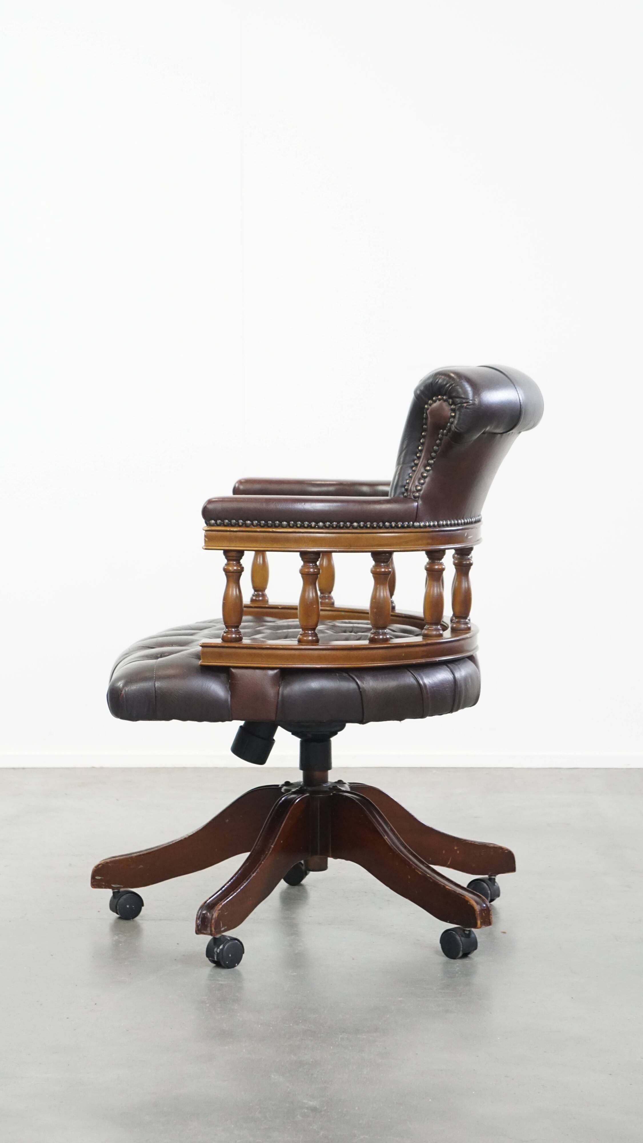 Chesterfield Office Chair on Wheels in Dark Brown Cowhide Leather