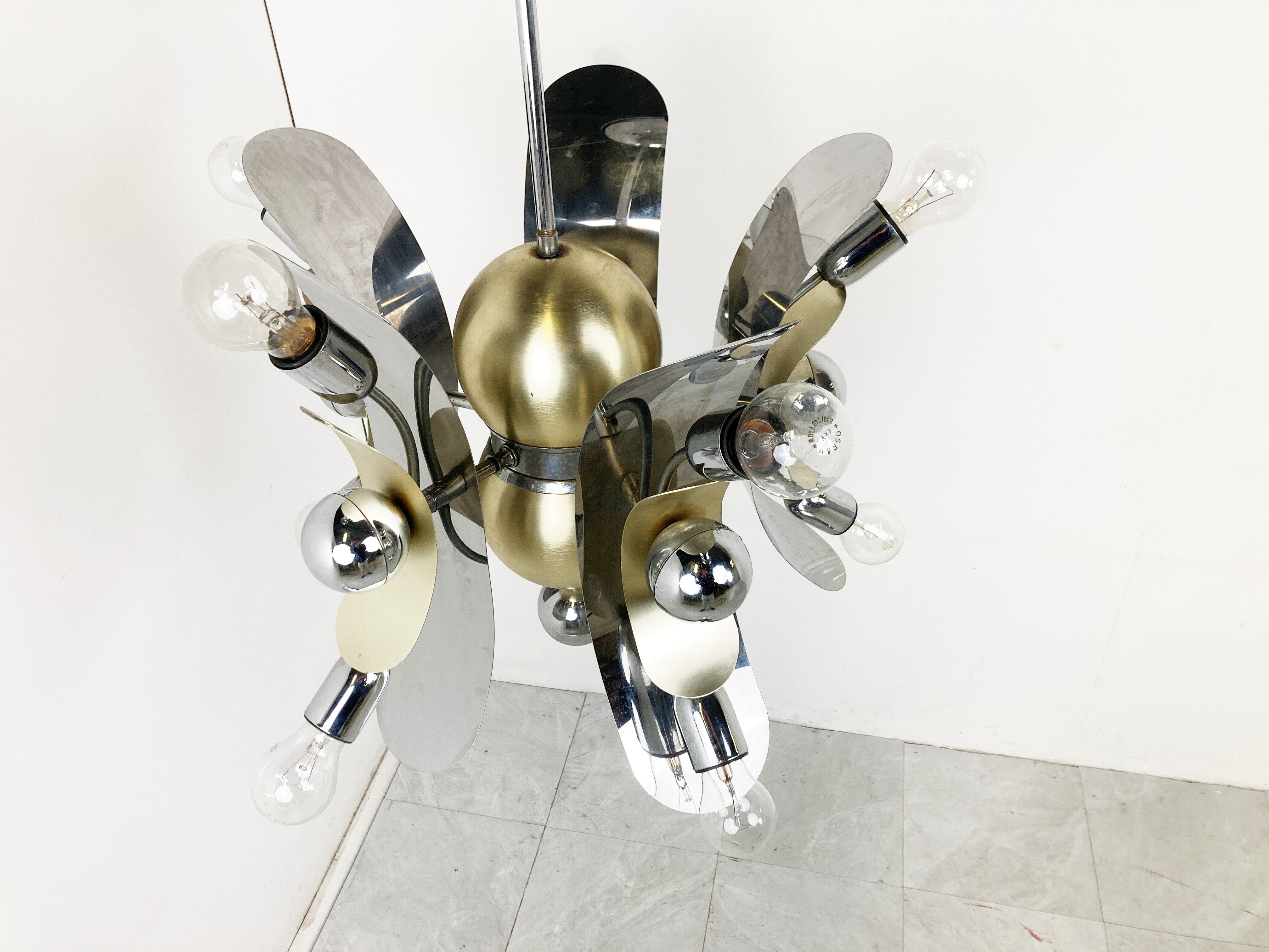 Vintage italian chrome and brass chandelier, 1970s
