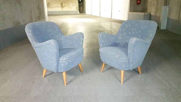 Set canapé et 2 fauteuils vintage années 50/60 organique vintage tissus original