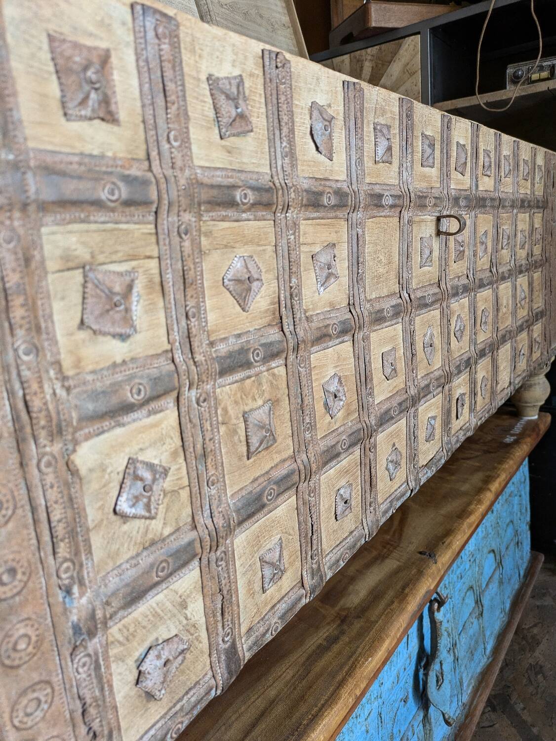 Authentic antique chest/trunk from Rajasthan, hammered metal and teak