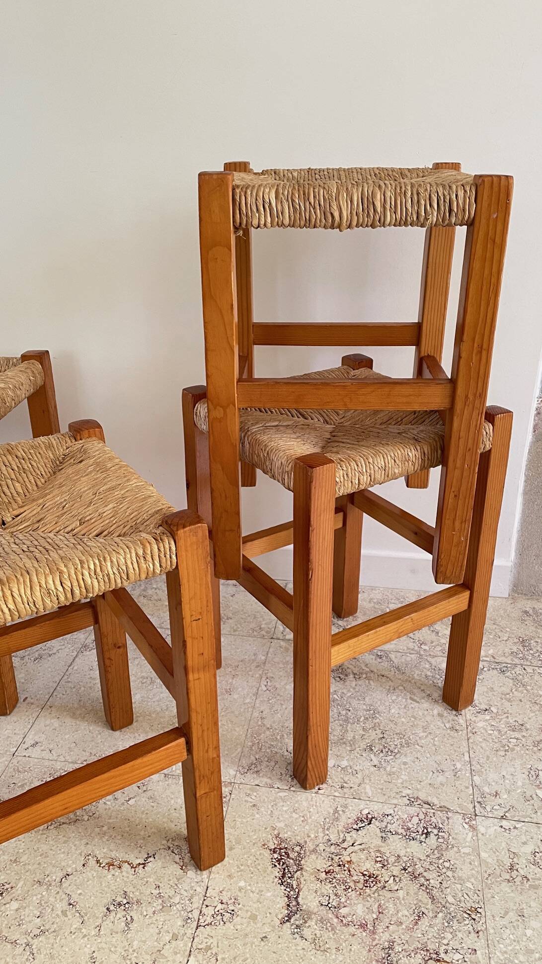 Pair of vintage wooden and straw stools