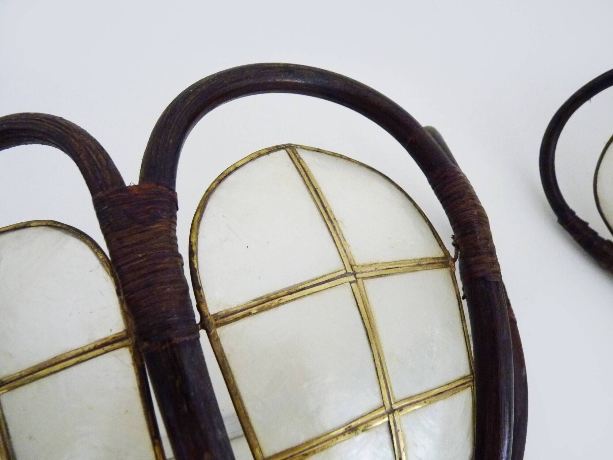 Pair of rattan and mother-of-pearl wall lights from the 50s and 60s