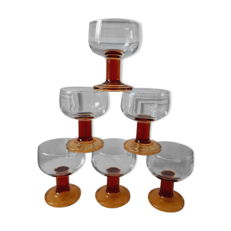 Lot de 6 verres à vin / eau ambre années 70