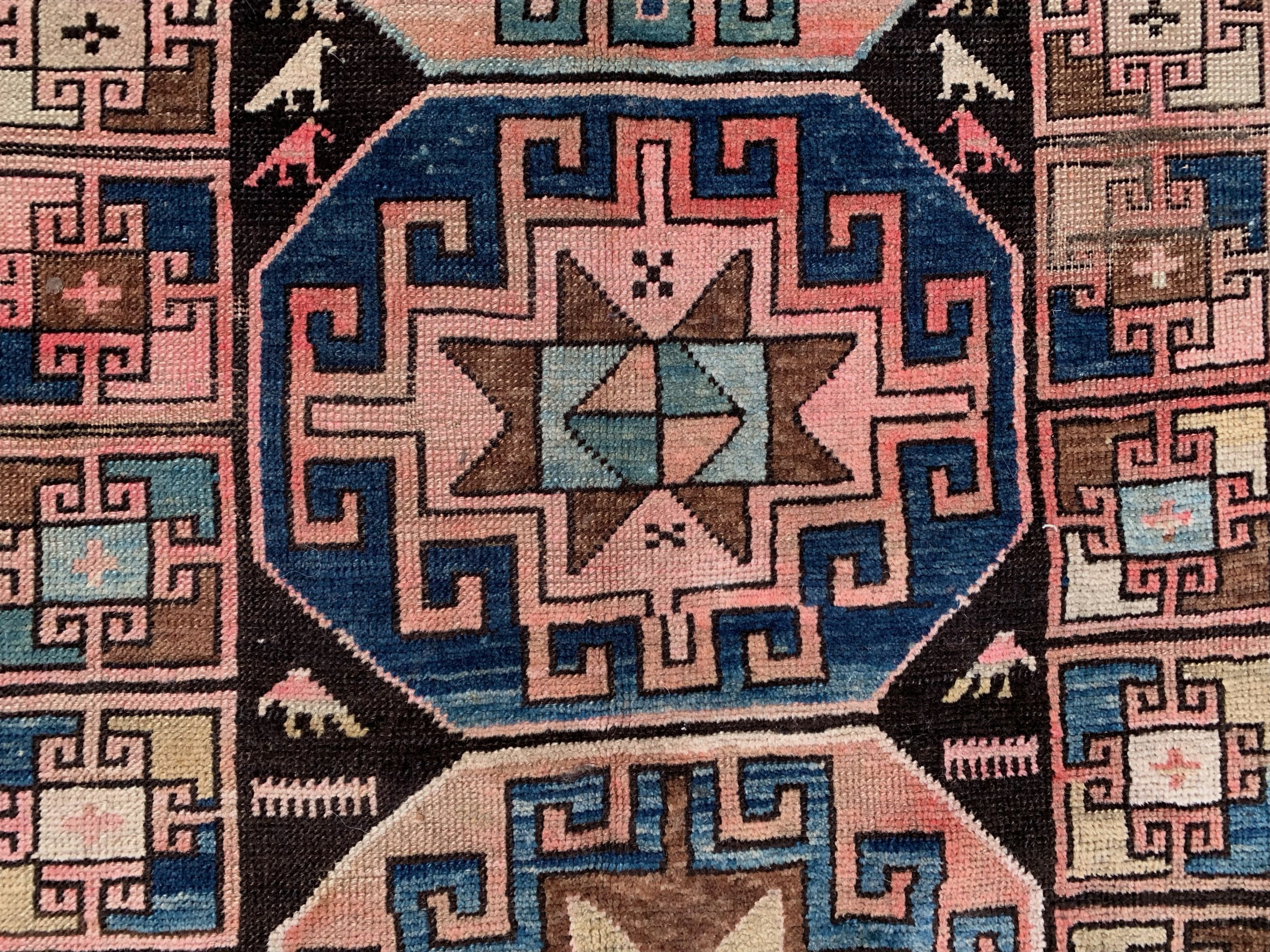 Old Turkish Kazak Rug 226x135 cm vintage tribal carpet, Red and Blue Large