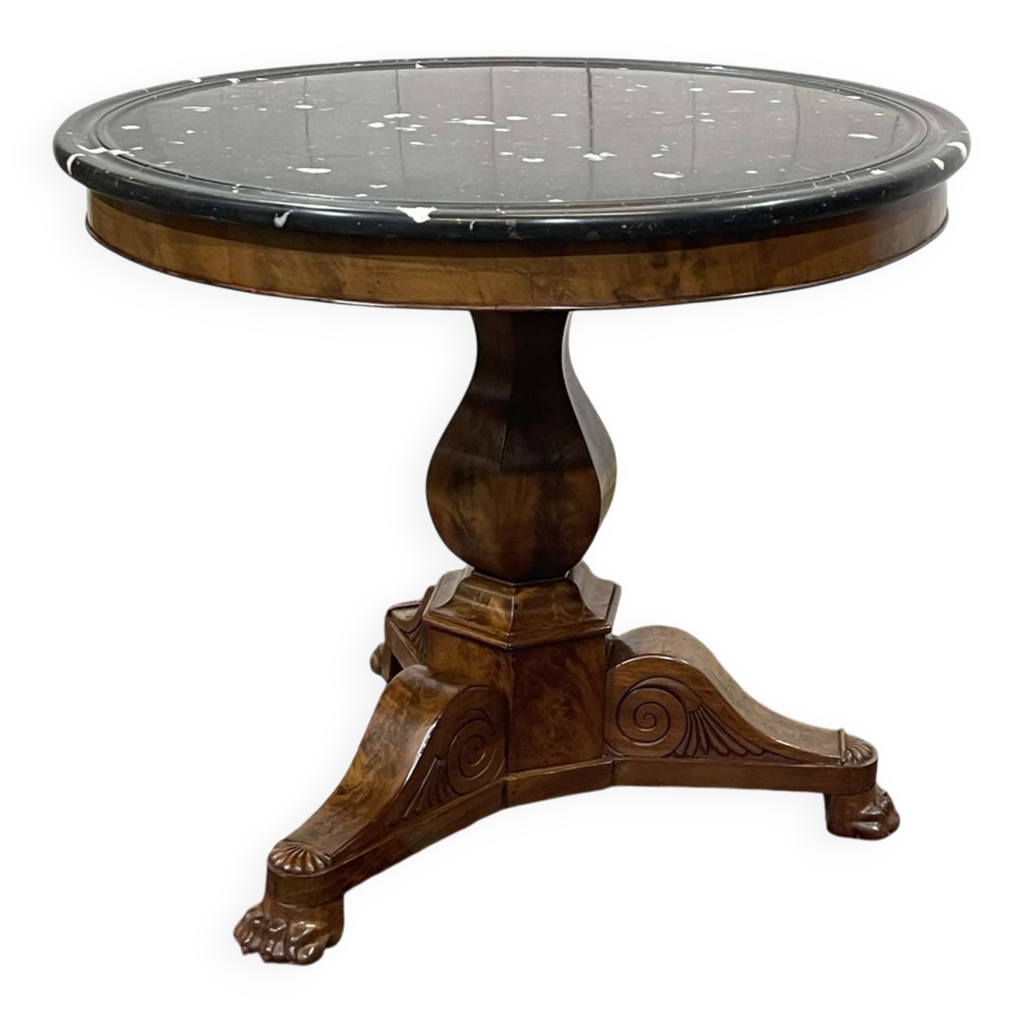 Restoration gueridon in mahogany with a black marble top (re-glued marble)