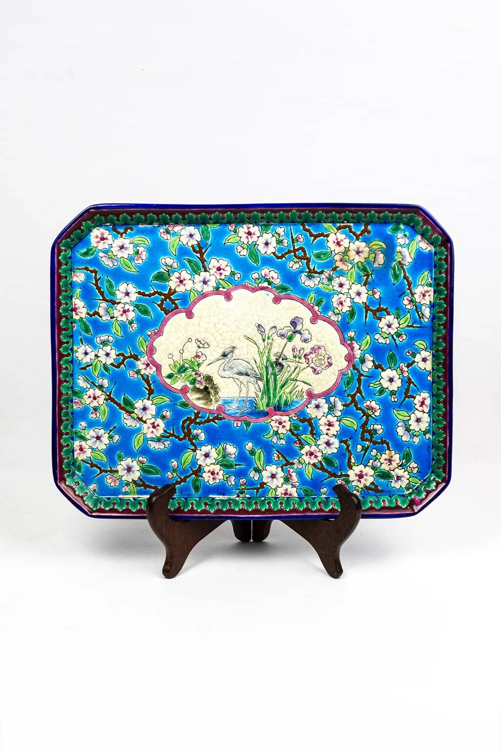 Enamelled earthenware plate – Apple blossom and cranes – Longwy, 1894
