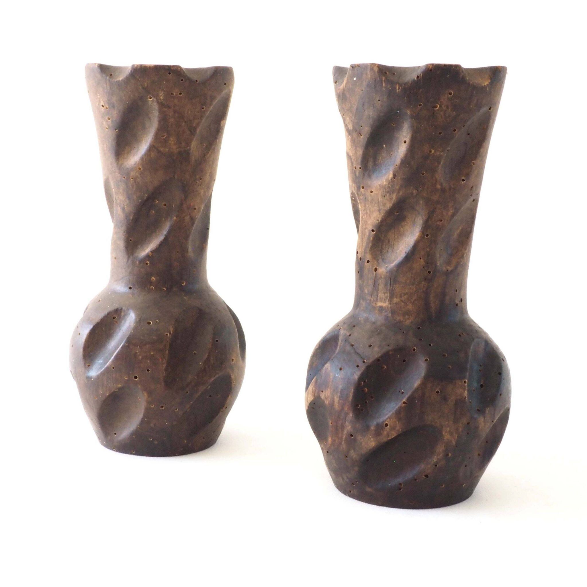 Brutalist wooden candlestick pair