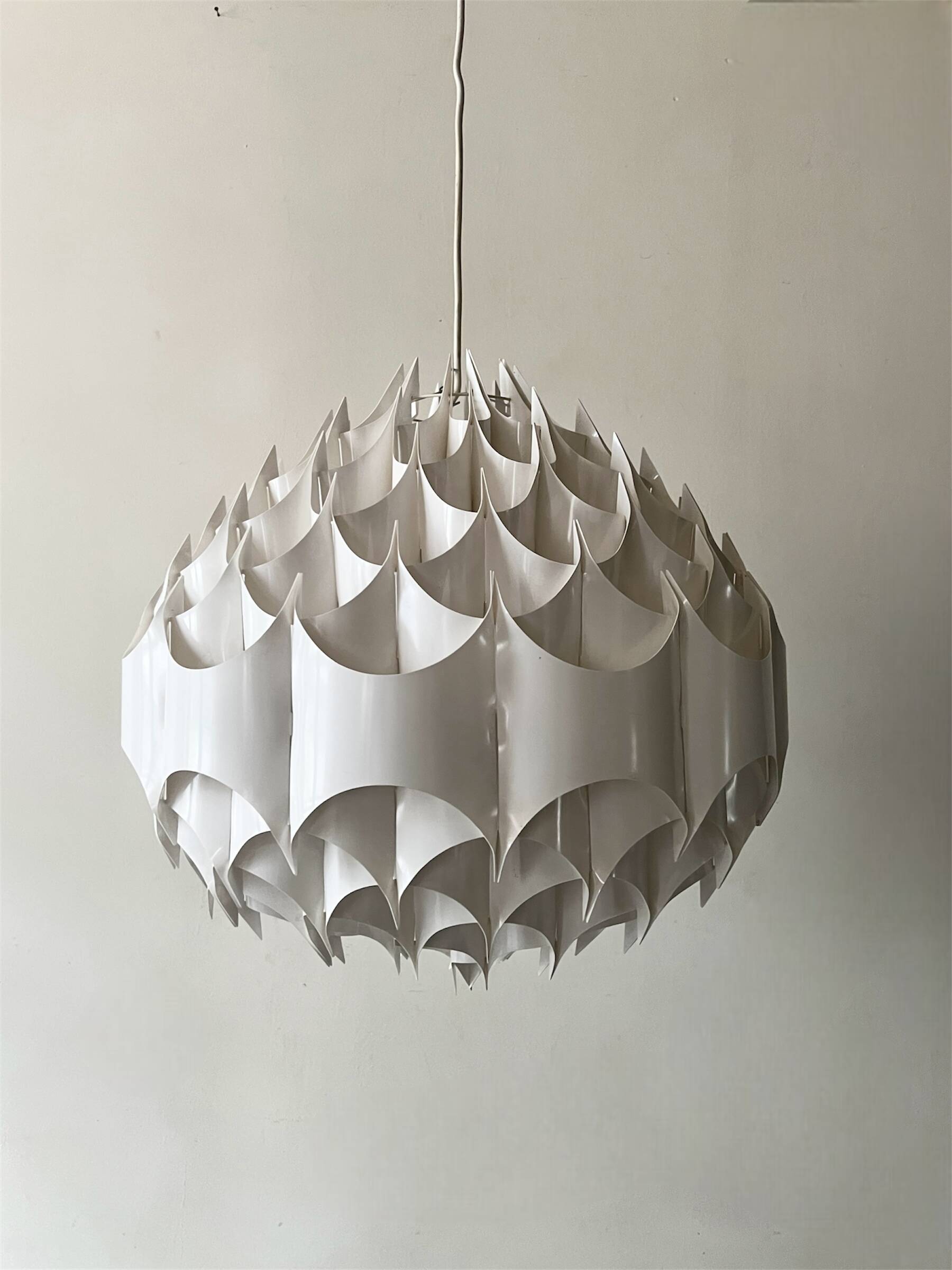 Rhythmic sculptural globe pendant light by H. Milanda, Scandinavian design, 1970