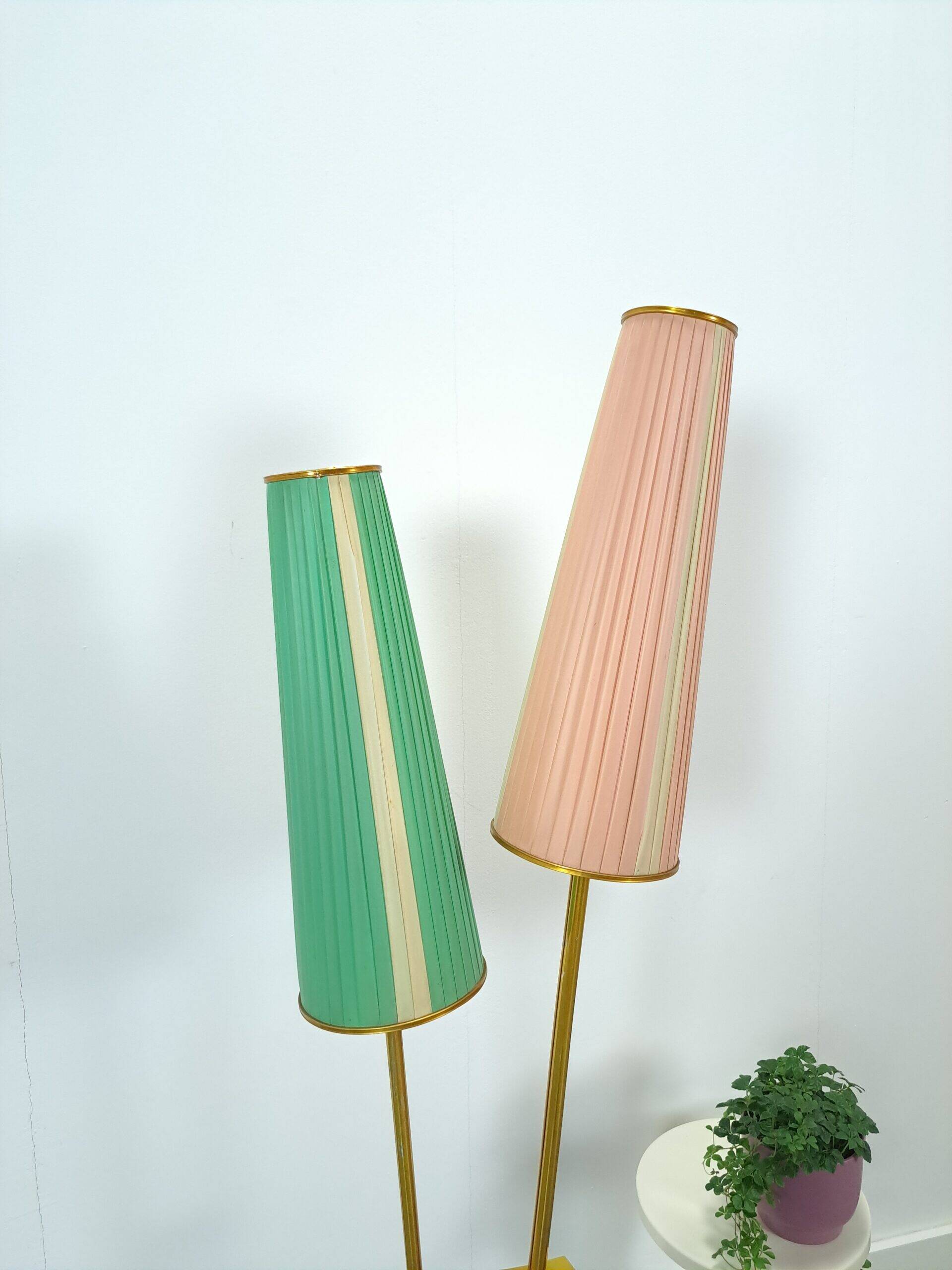 1950s floor lamp with pink and green shade and gold-coloured legs