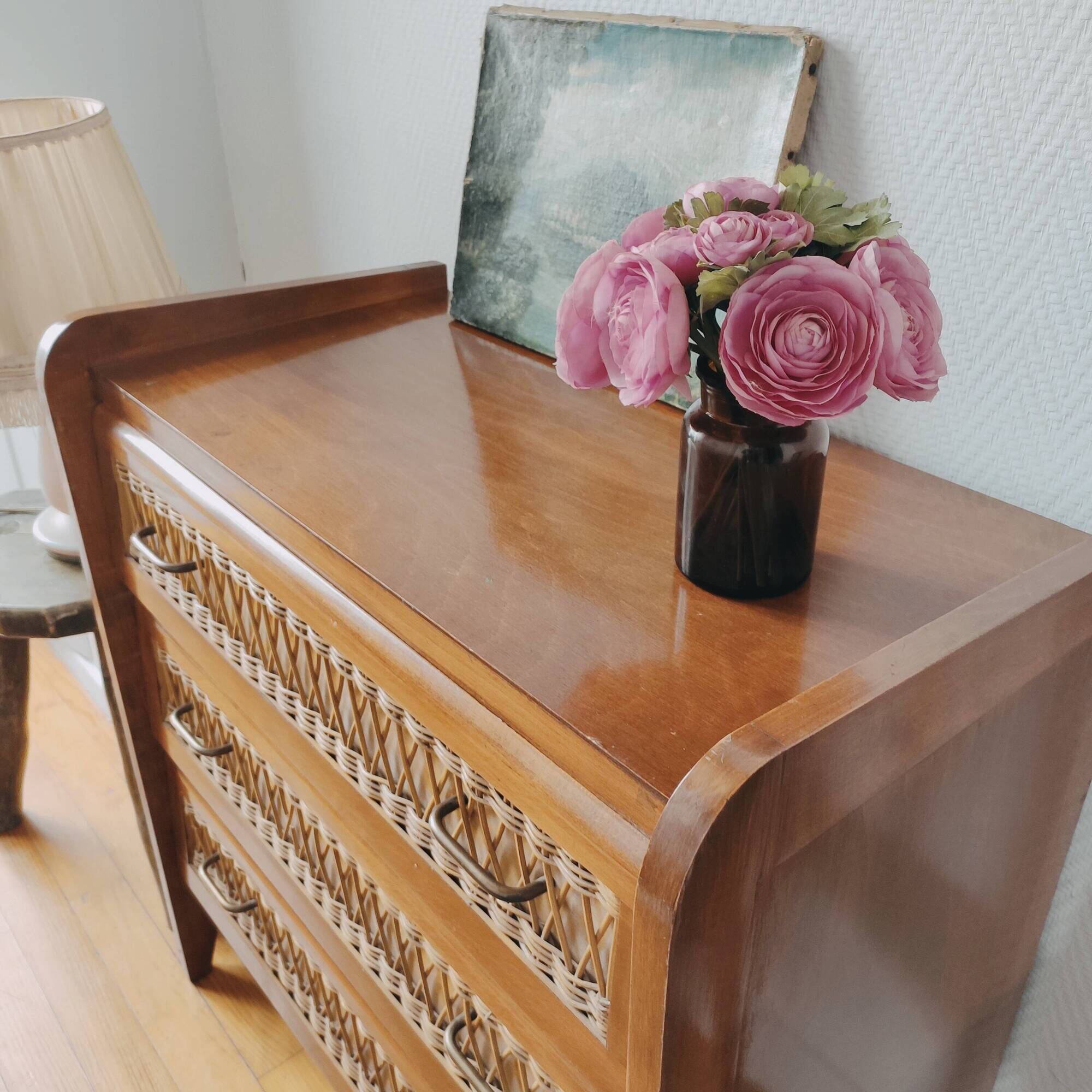Vintage 1950 wood and rattan chest of drawers
