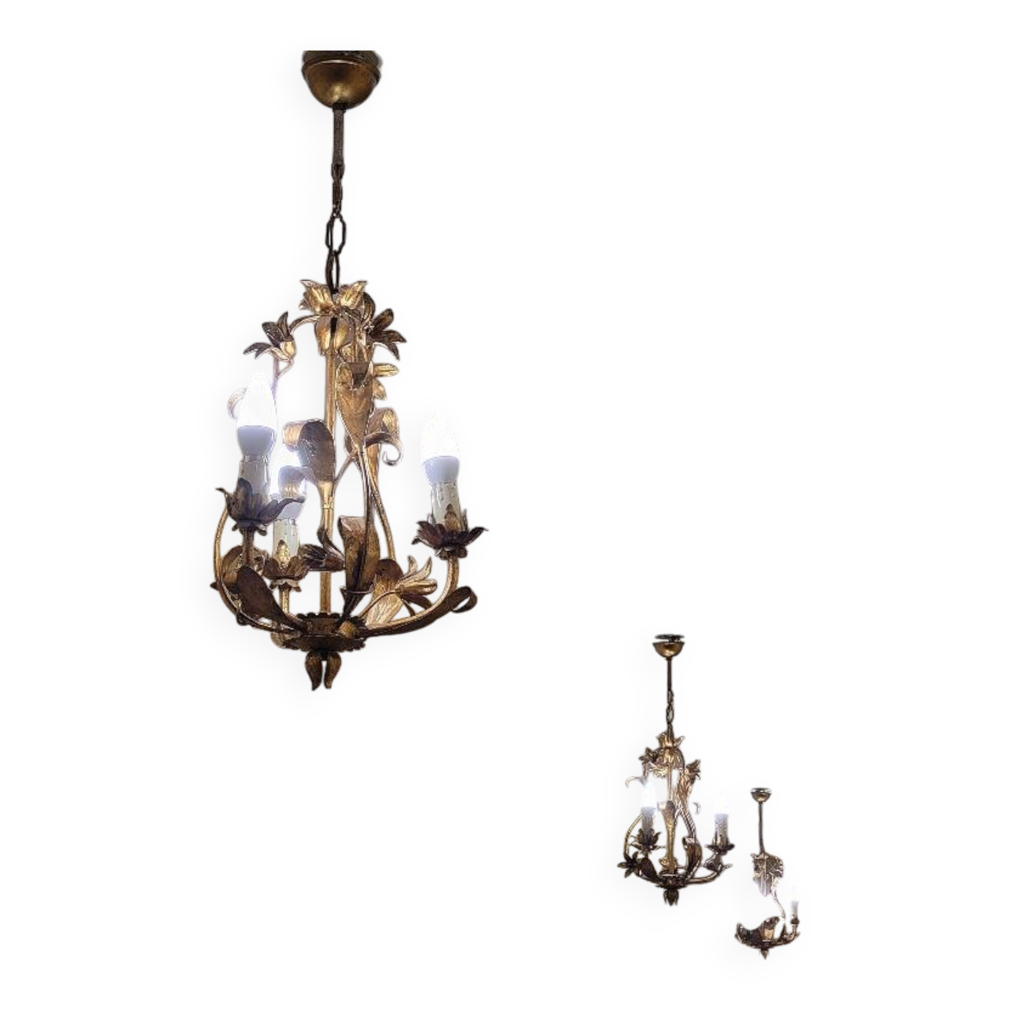 Set of 3 gold painted metal chandeliers