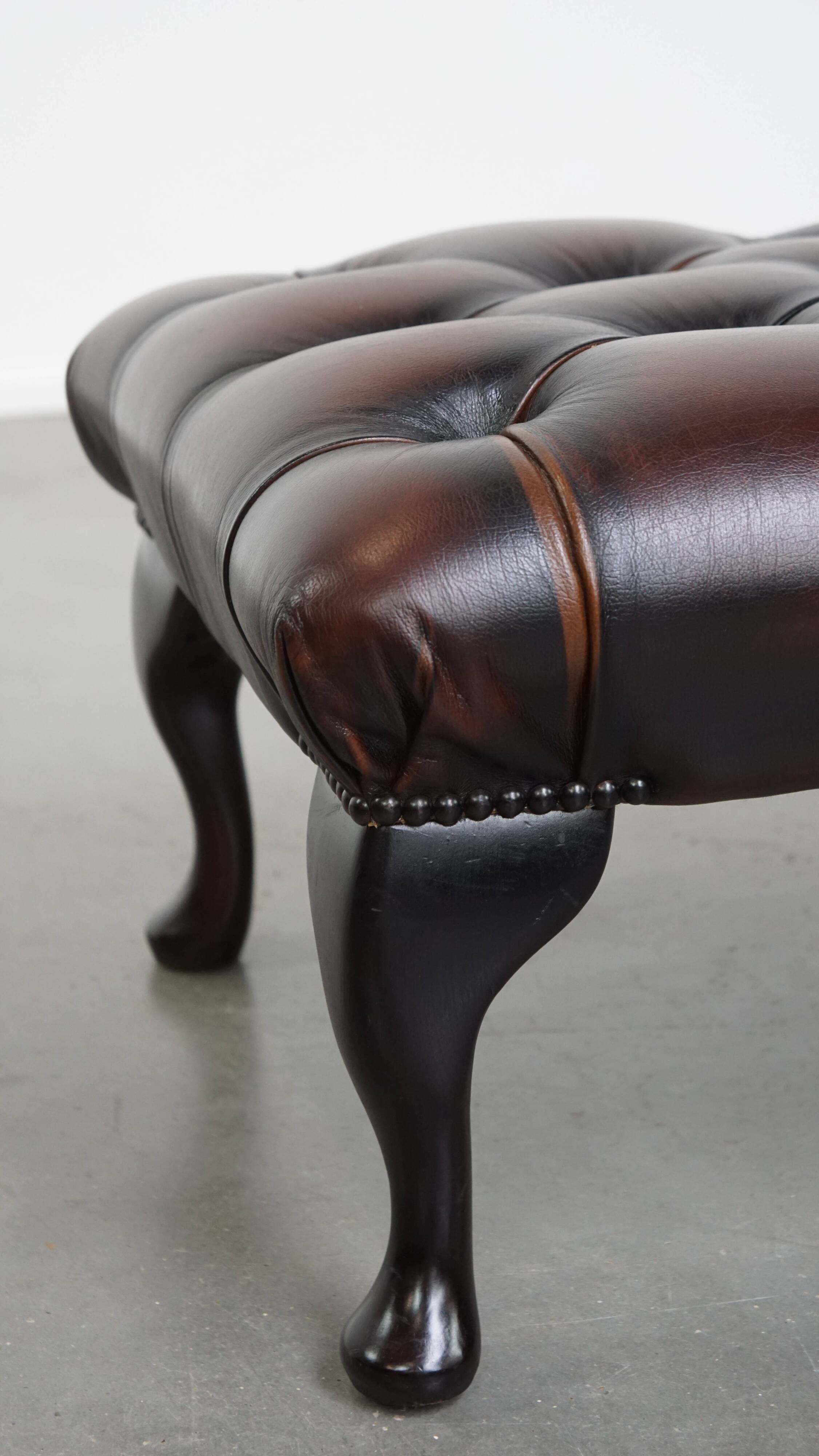 Dark Brown Chesterfield Ottoman Made of Cowhide Leather