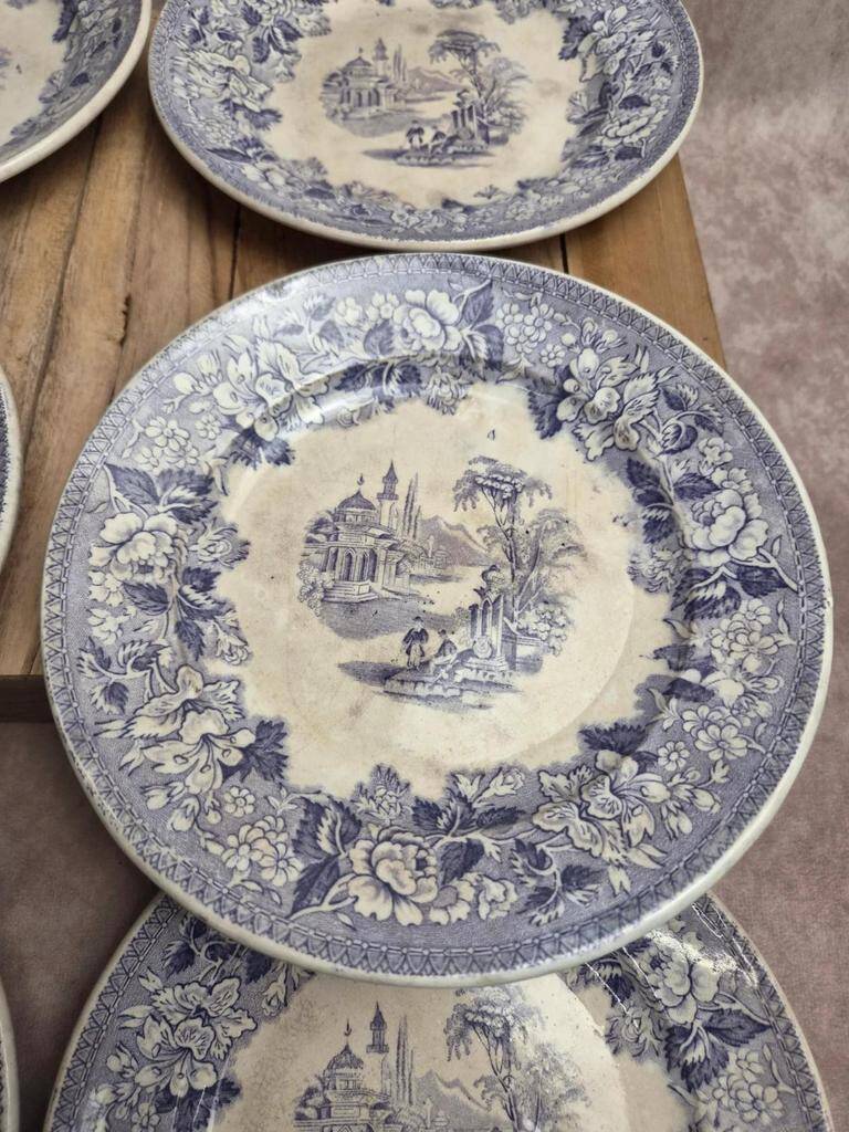 Set of 8 antique English dessert plates by J. Marshall & Co Bosphorus purple earthenware 19th century.