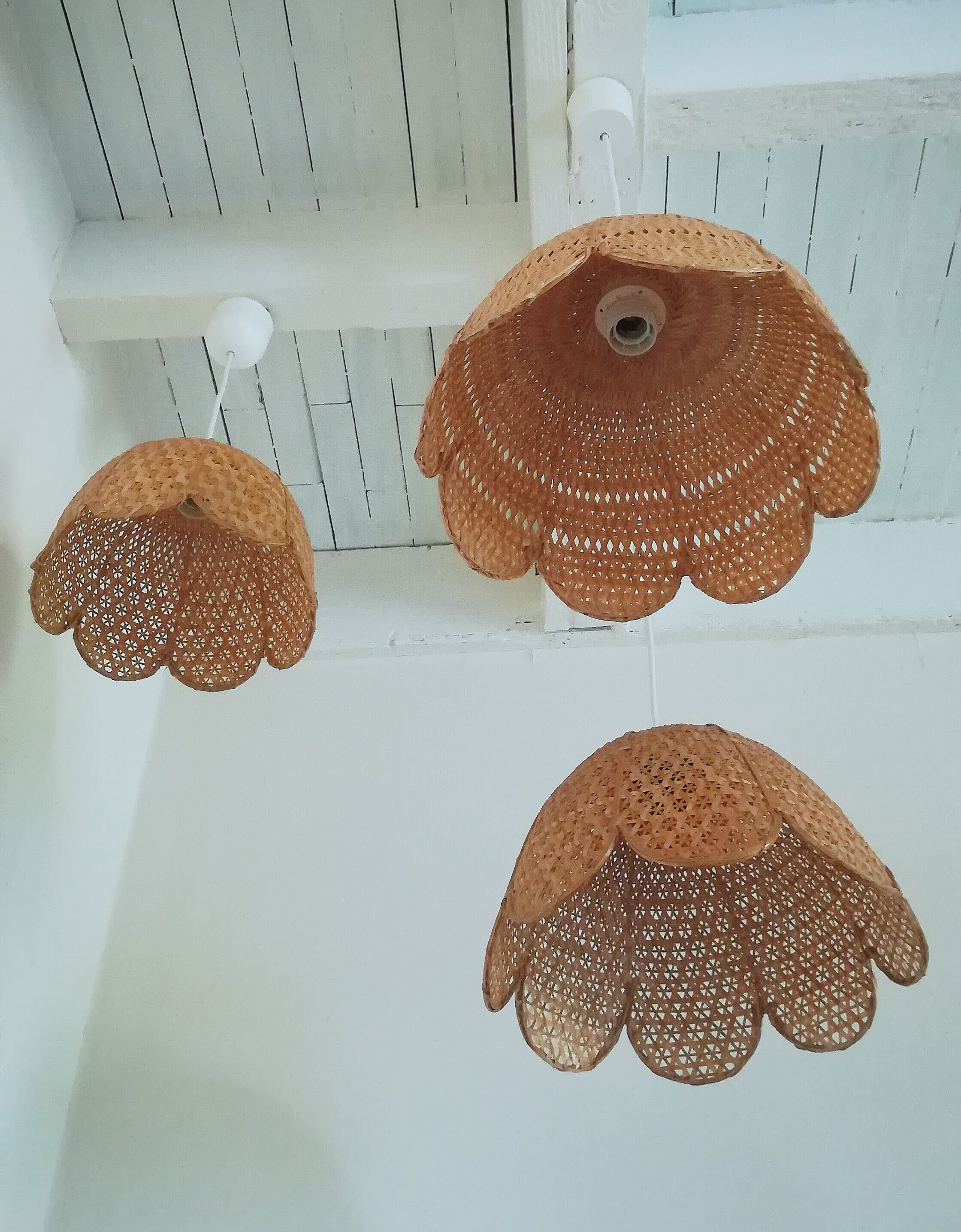 Trio de suspensions fleurs rotin vintage