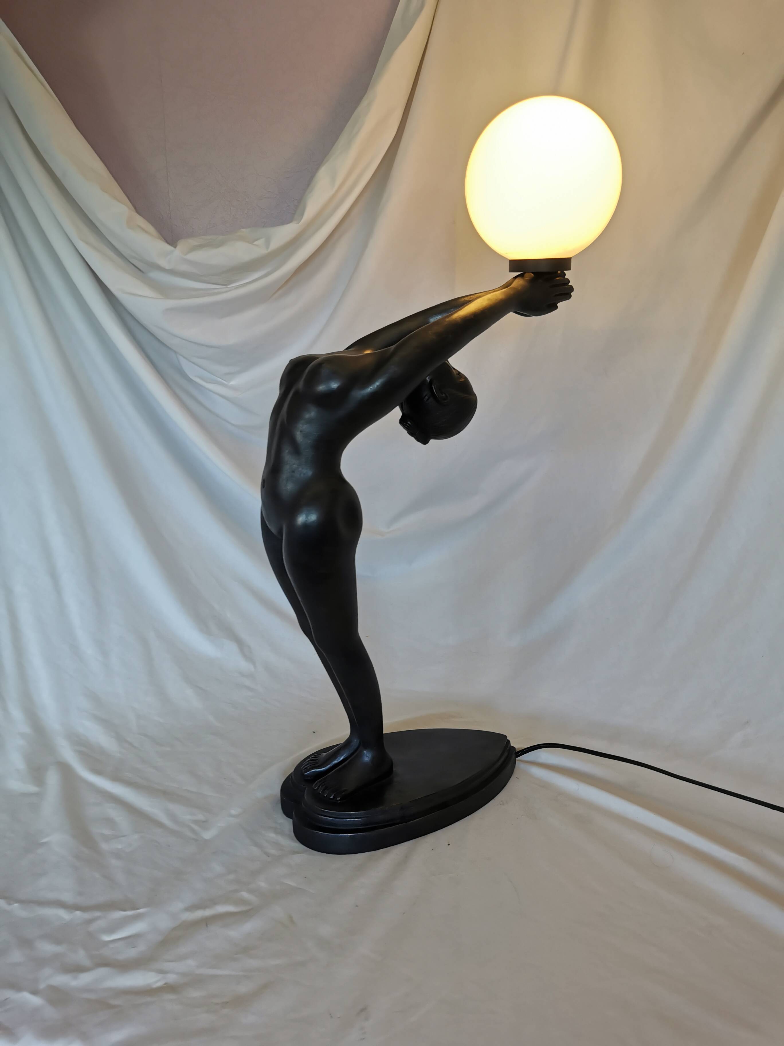 Large lamp, woman with ball, yoga, art deco style, 1980