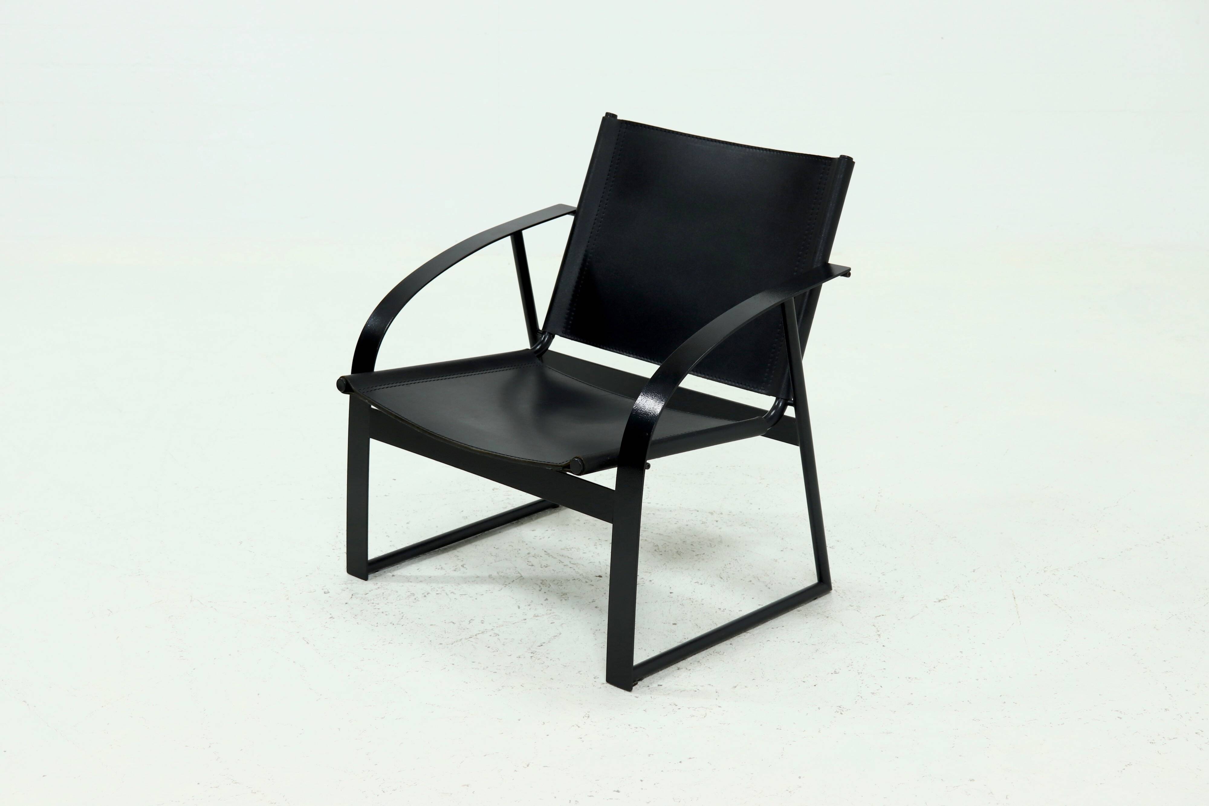 Post Modern Saddle Leather and Steel Lounge Chair 1980s