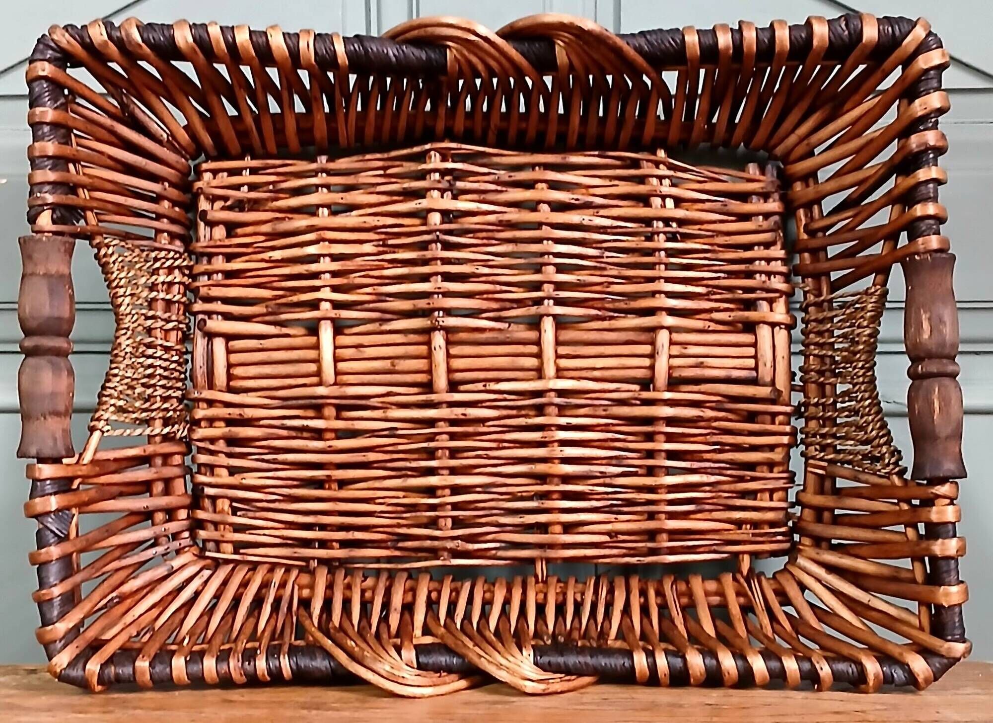 Rectangular wicker basket tray, rope & wood