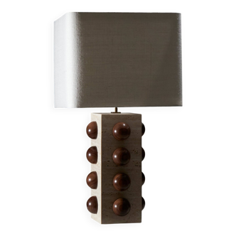 Lampe bulle en travertin et noyer