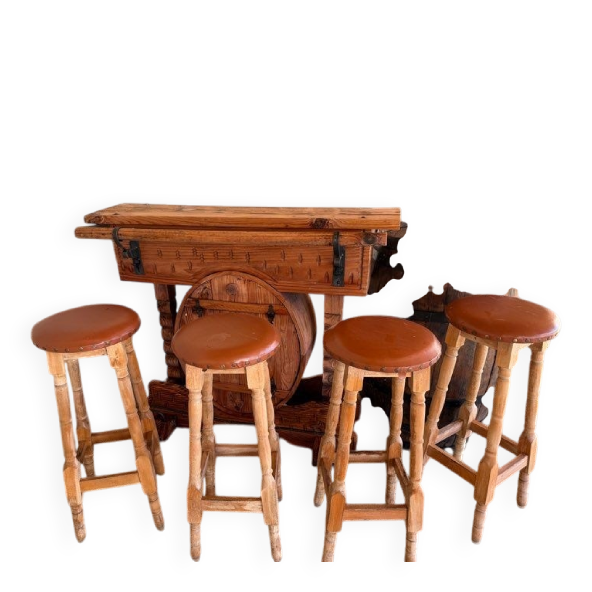 Bar with 4 stools and a barrel