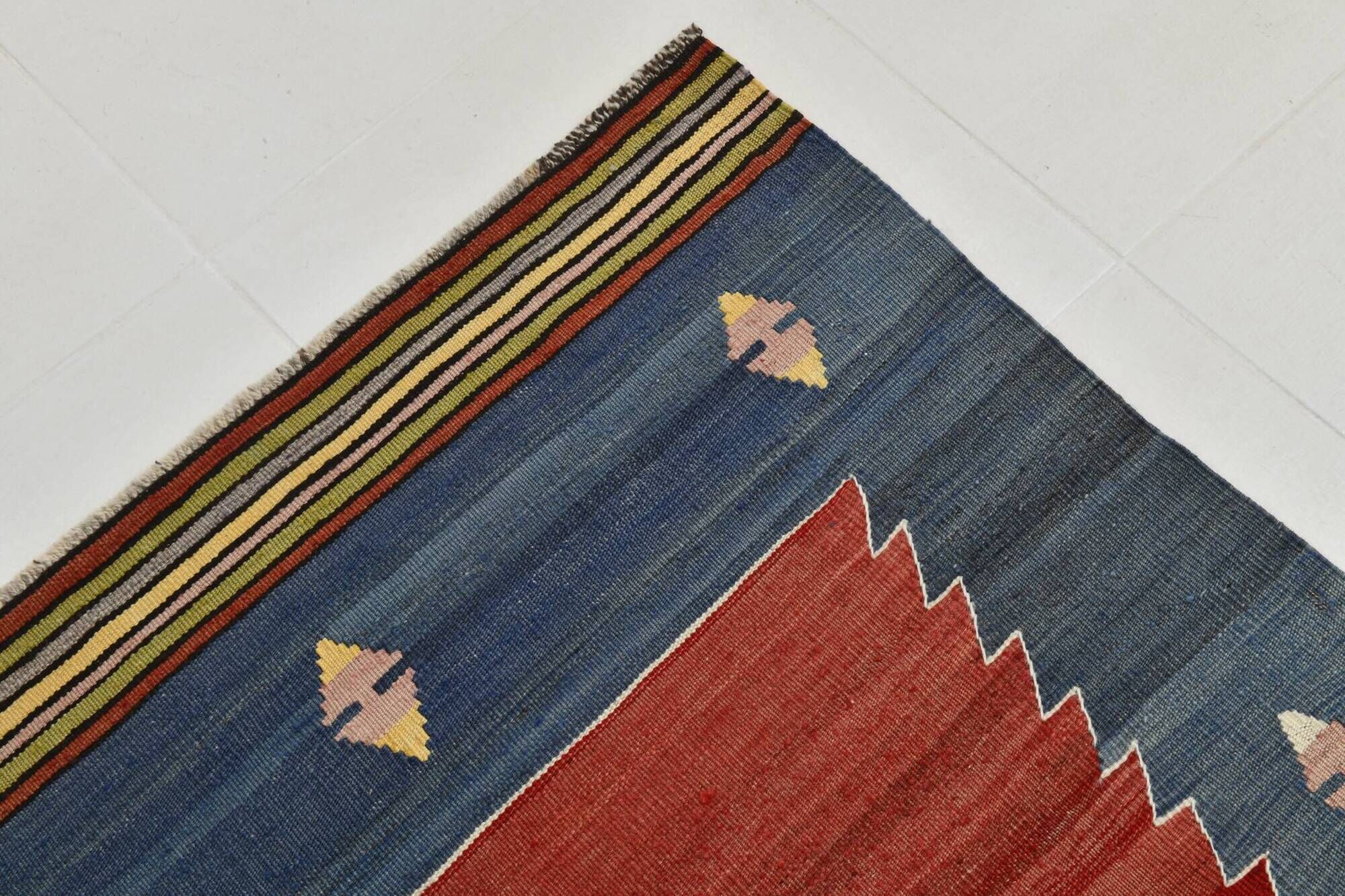 5x10 Blue and Red Vintage Kilim Rug, Handwoven Wool Area Rug, 149x291Cm