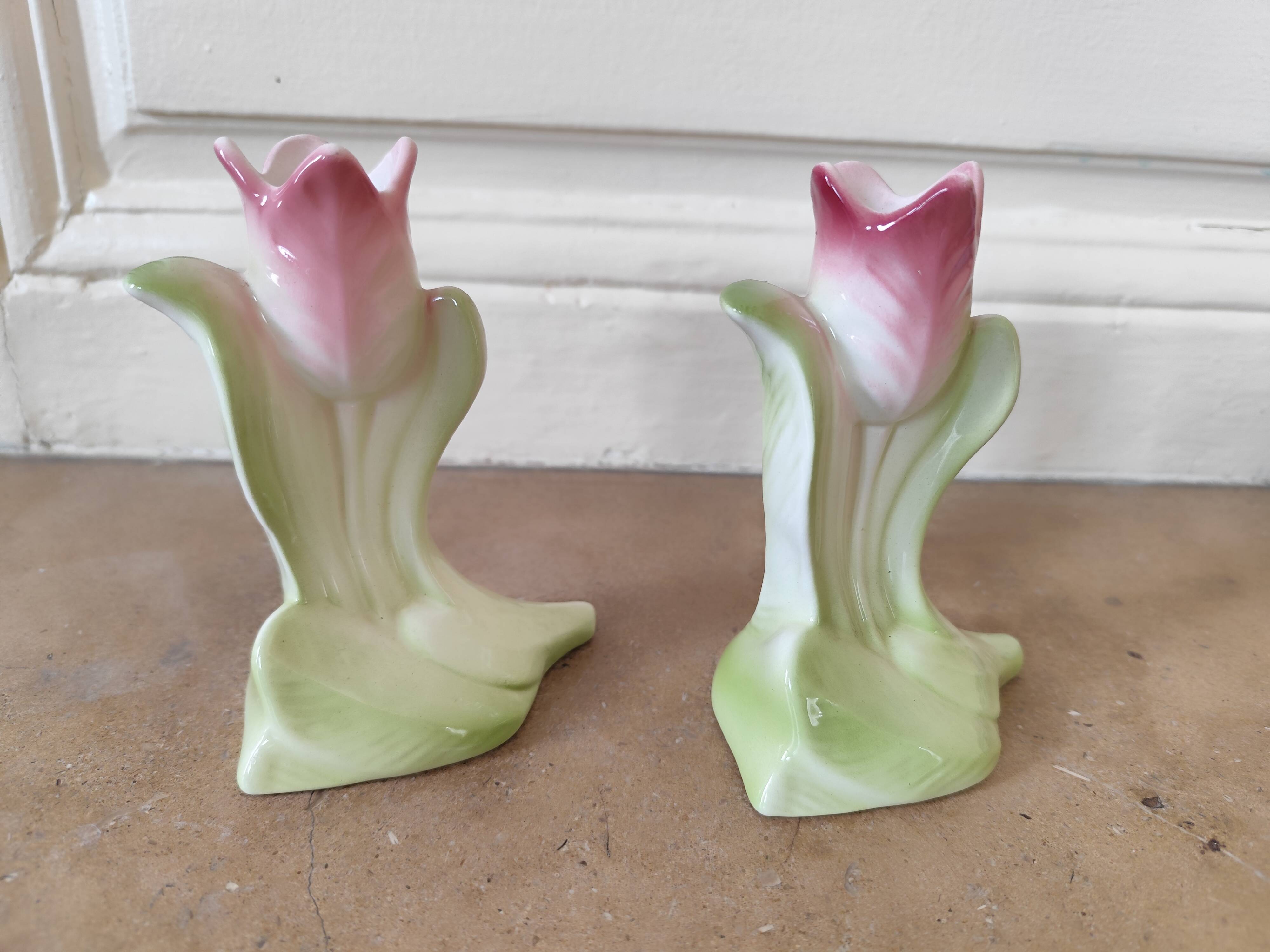 Paire vases soliflore art deco barbotine tulipe