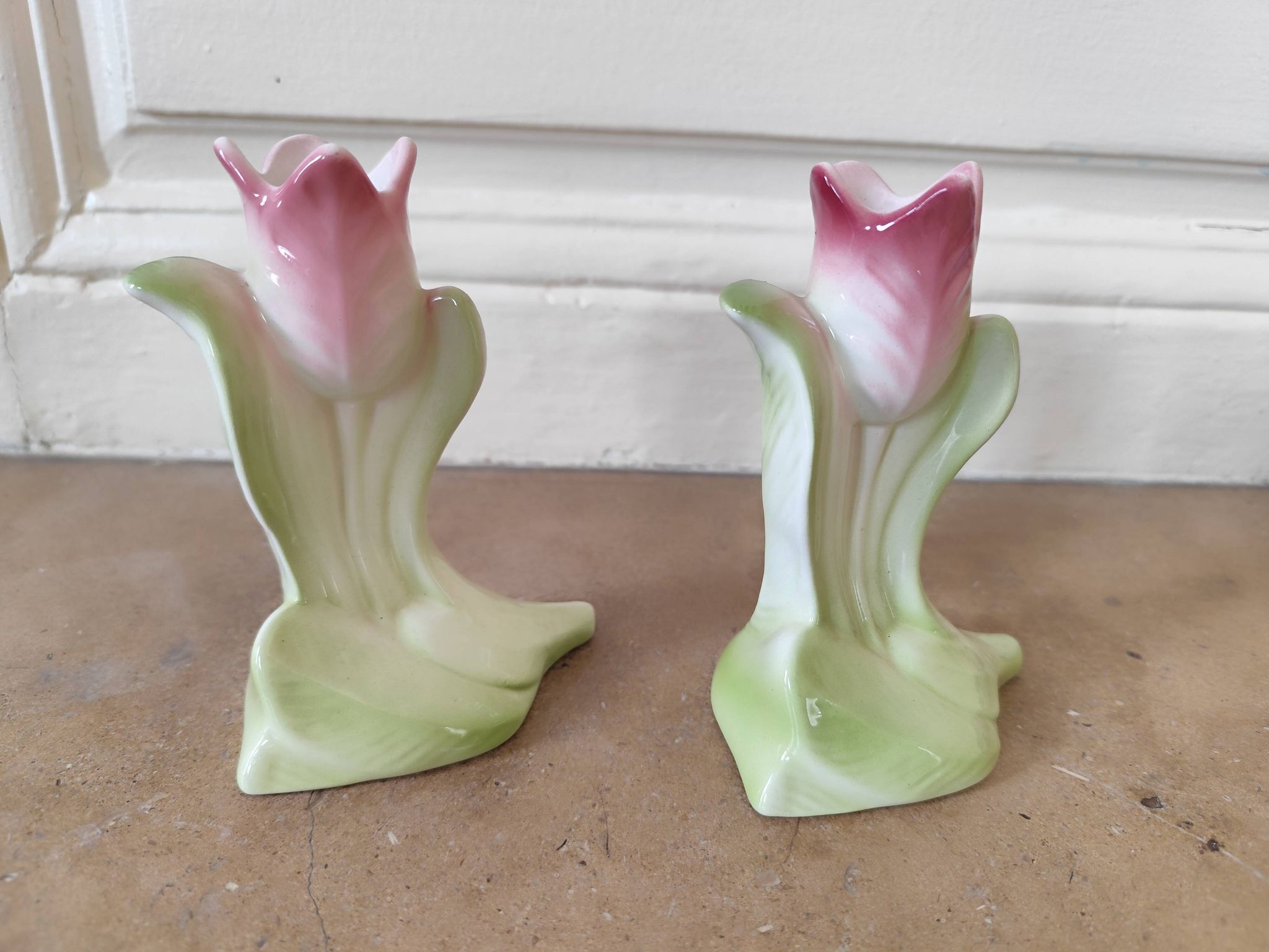 Paire vases soliflore art deco barbotine tulipe