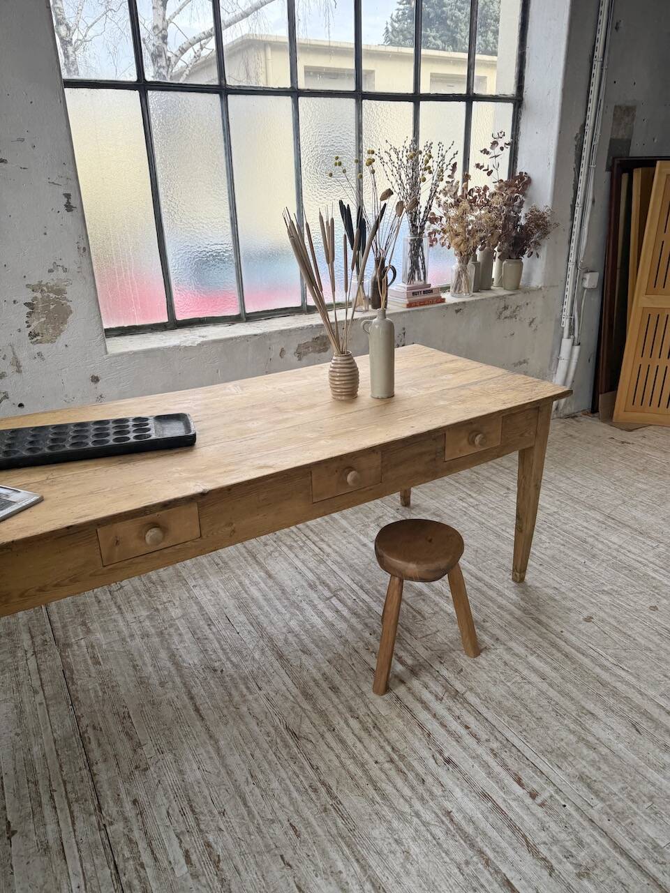 Pine and oak farmhouse table with multiple drawers, communal type, 240cm.