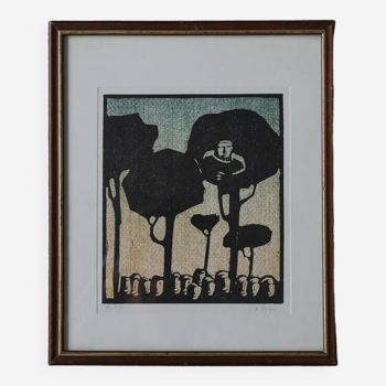 Åke Holm, Biblical Theme, Linocut, 1970s, Framed