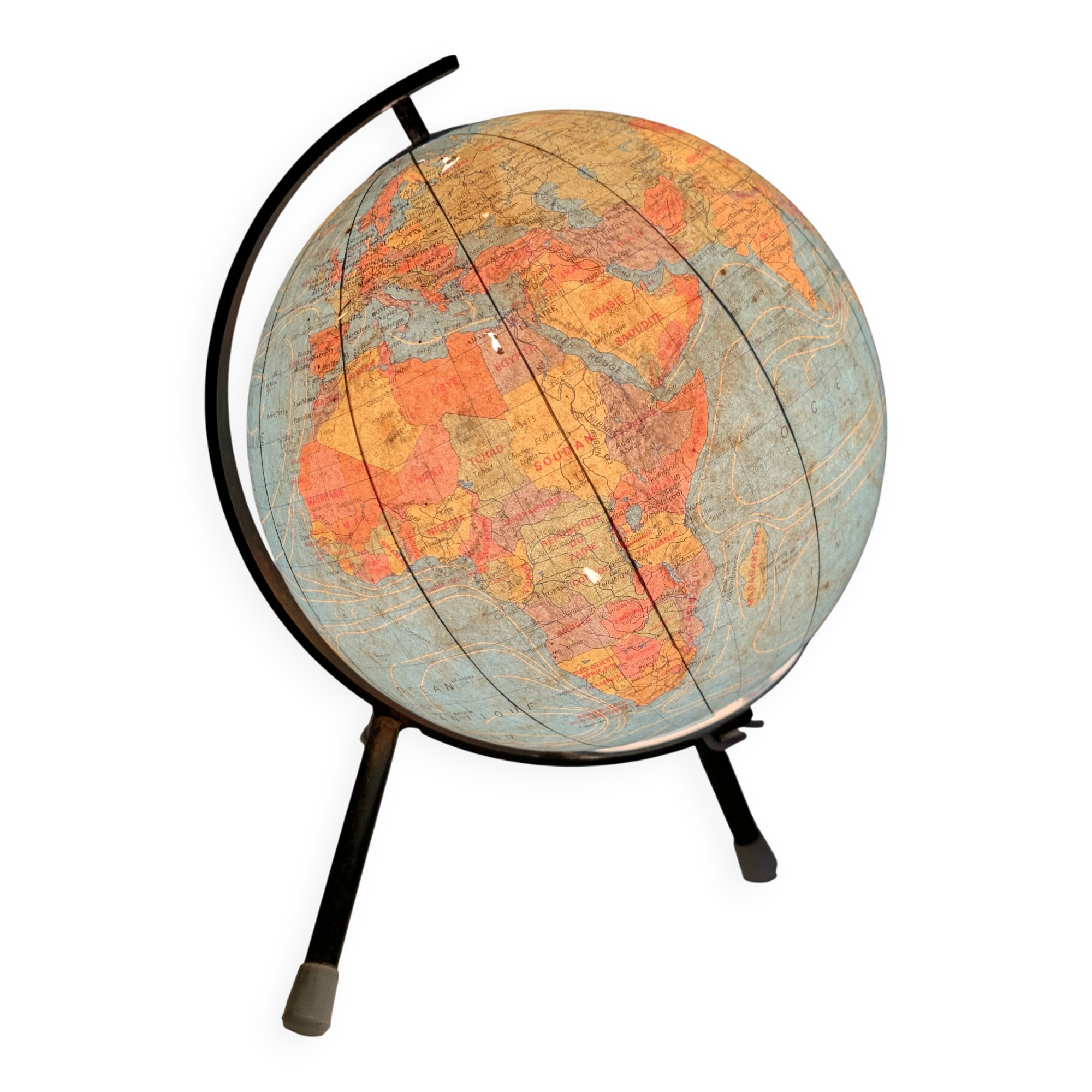 Vintage 1972 glass terrestrial globe Taride tripod - 22 cm
