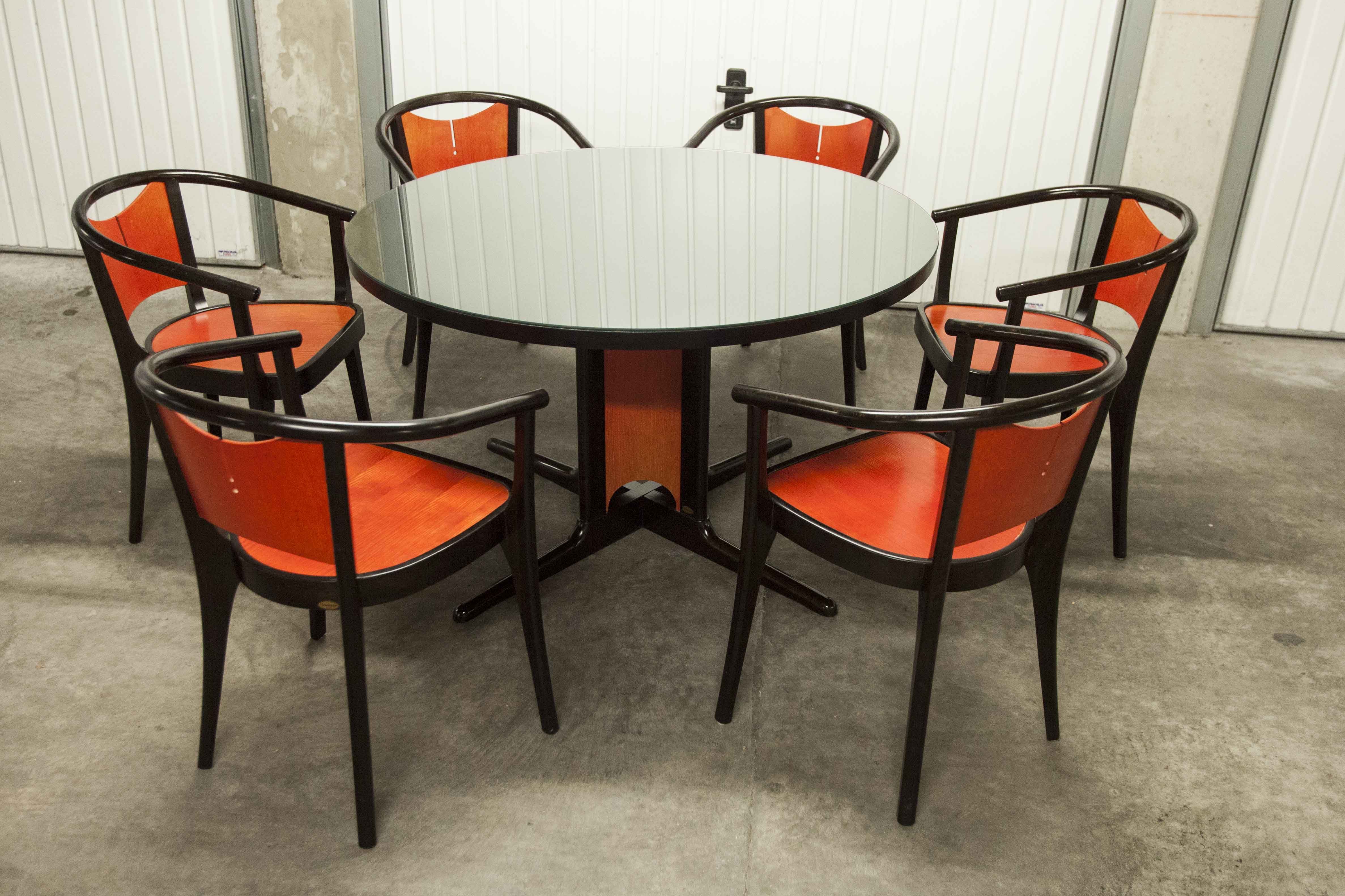 Table and 6 armchairs Baumann Diese, design Pagnon Pelhaître, Wenge color and red,