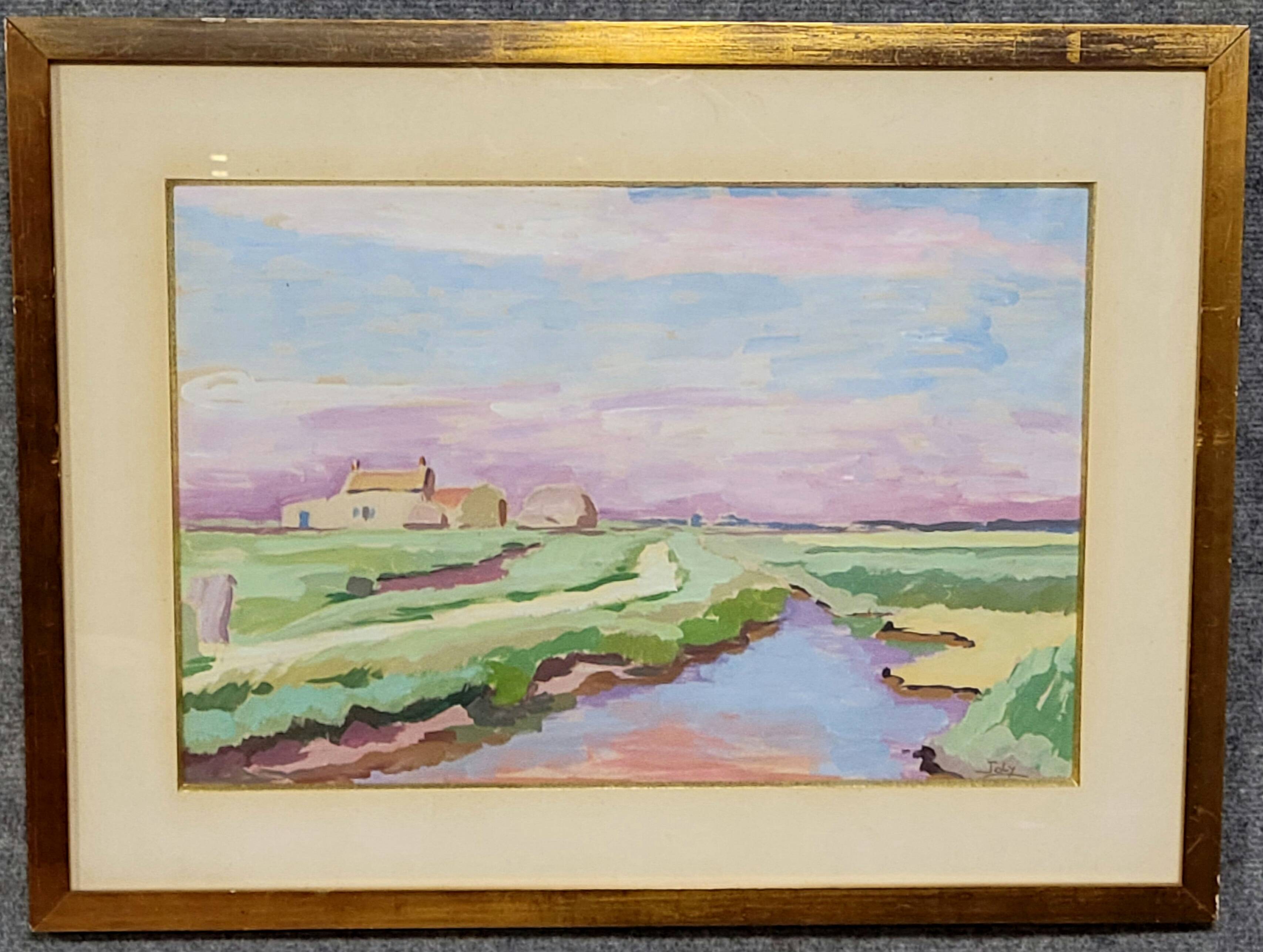 Gouache on paper depicting a marsh landscape