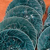 Set of 10 green earthenware dessert plates with a finely embossed floral pattern