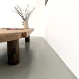 XXL oval coffee table in solid oak, cylindrical base, 1950s.