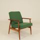 Scandinavian modern chair in green wool, vintage wooden armchair.