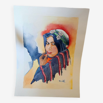 Peinture aquarelle femme berbère  signée